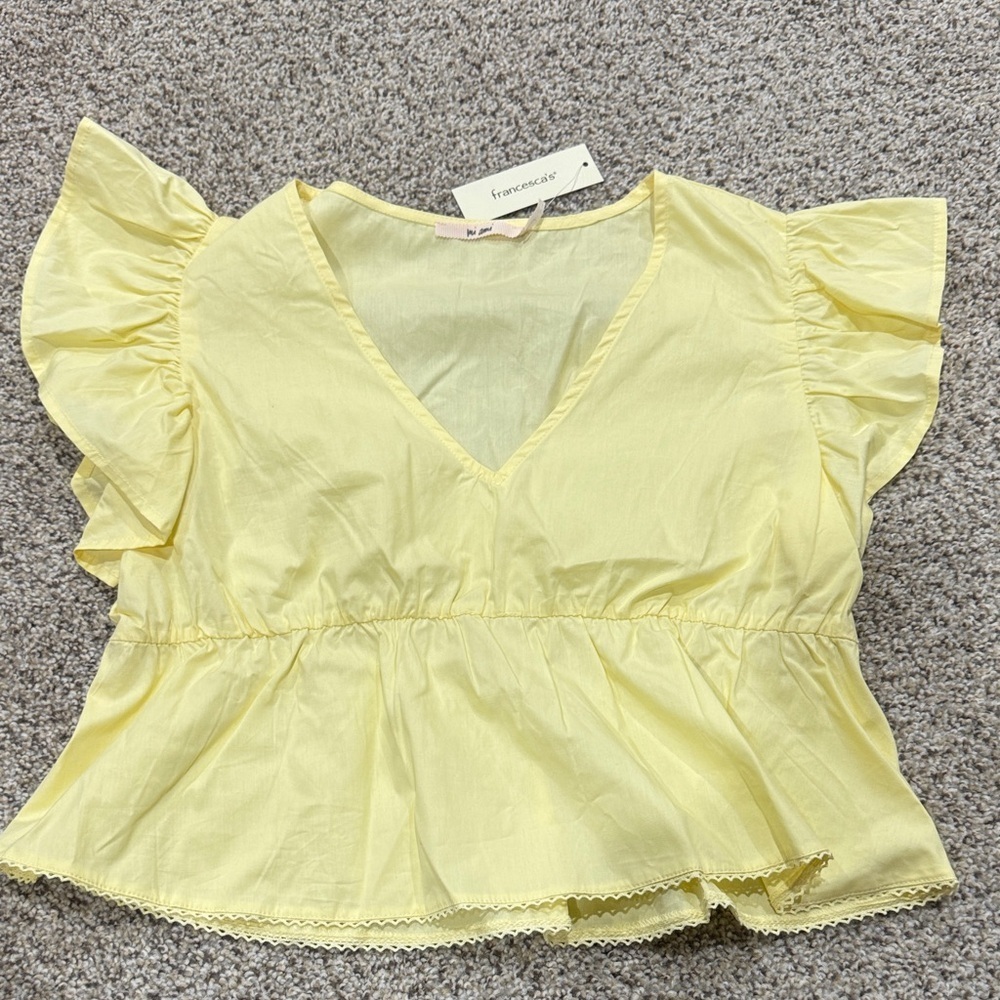 Francesca's Collections Pale Yellow Ruffle Sleeve V-Neck Top